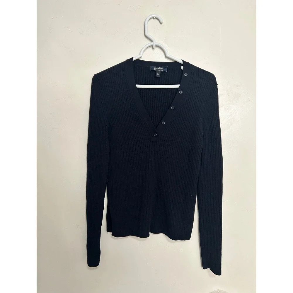 'S Max‎ Mara Black Ribbed V Neck Button Up Long Sleeve Sweater Top L - Picture 8 of 14